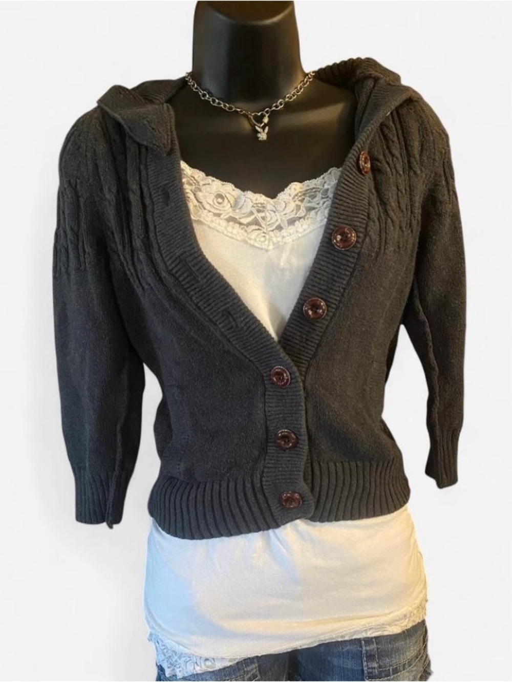 Y2k American Eagle Dark Grey 3/4 Sleeve Hooded Button Up Cardigan